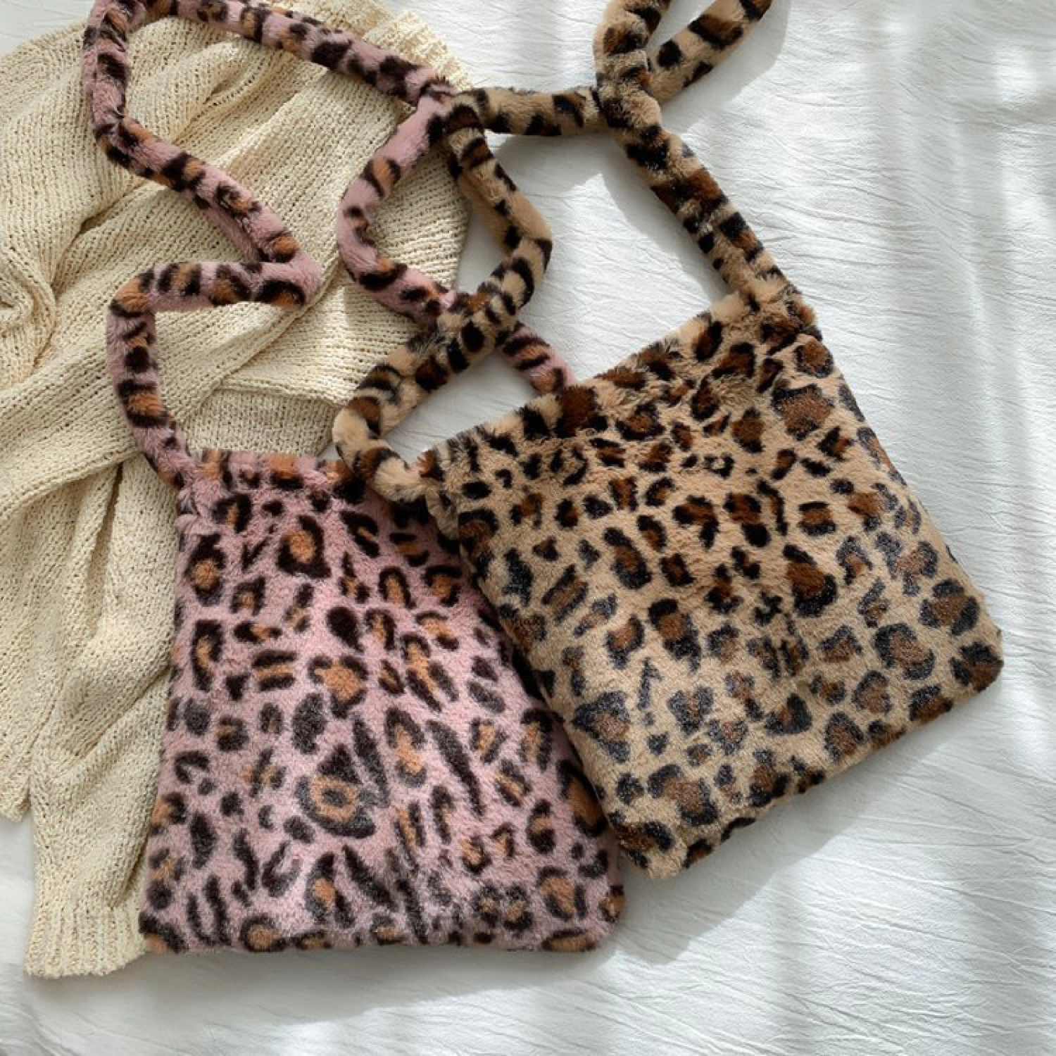 Crossbody Bag Women Leopard Print Plush Soft Shoulder Messenger Bag Shopping Bag