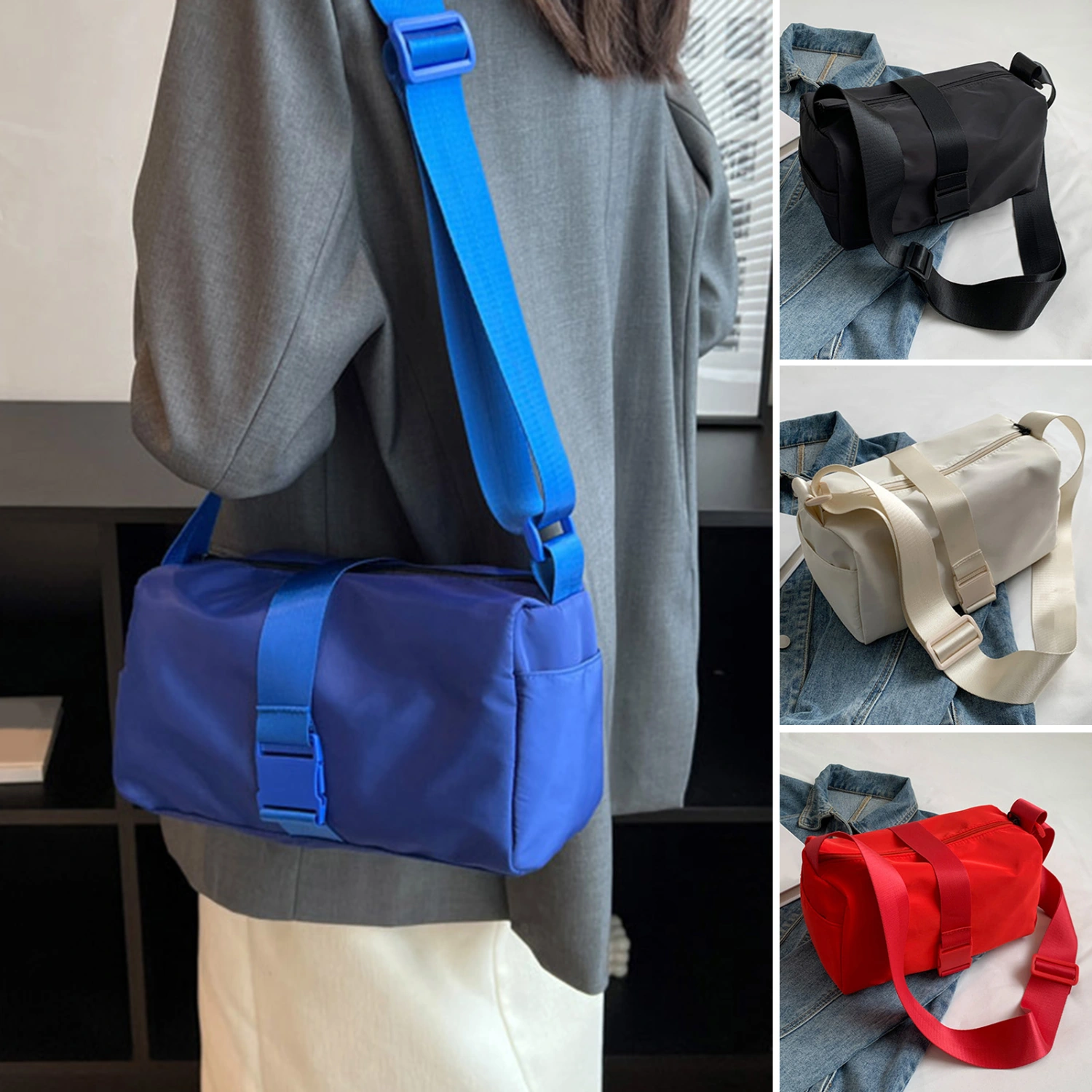 Shoulder Bag Adjustable Shoulder Strap Large Capacity Smooth Zipper Solid Color with Side Pocket Storage Oxford Cloth Women Crossbody Pouch Handbag for Daily Life