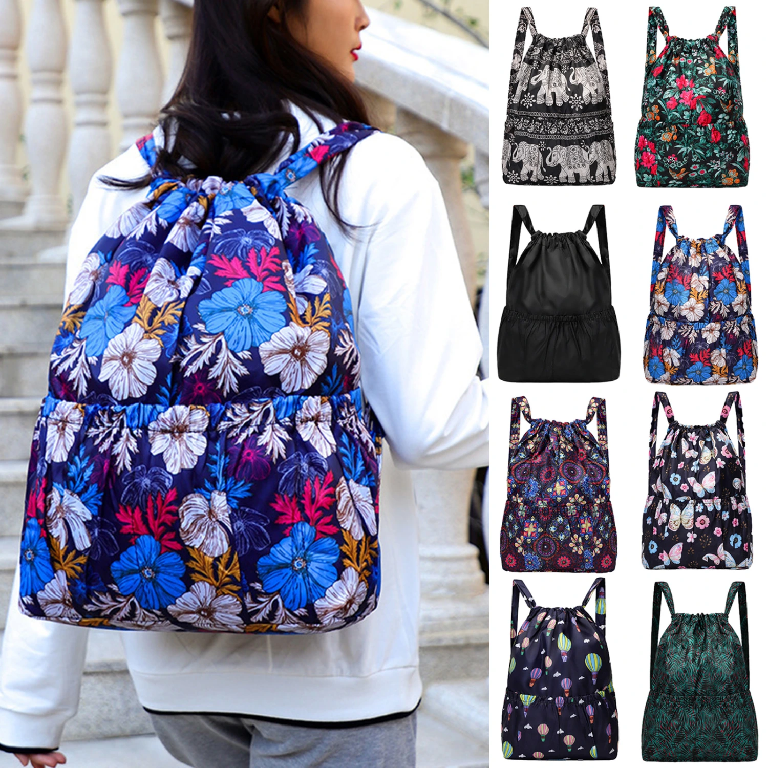 Women Backpack Flower Print Drawstring Lightweight Foldable Rucksack for Outdoor Travel Camping