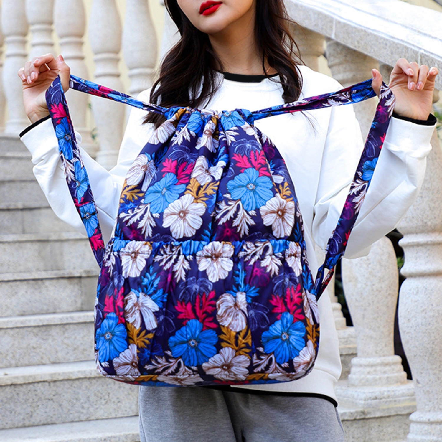 Women Backpack Flower Print Drawstring Lightweight Foldable Rucksack for Outdoor Travel Camping