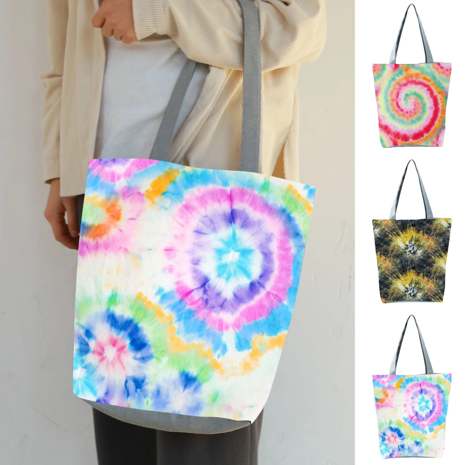 Wide Shoulder Strap Lady Shoulder Pouch Reusable Wear-resistant Tie Dye Print Tote Pouch for Work