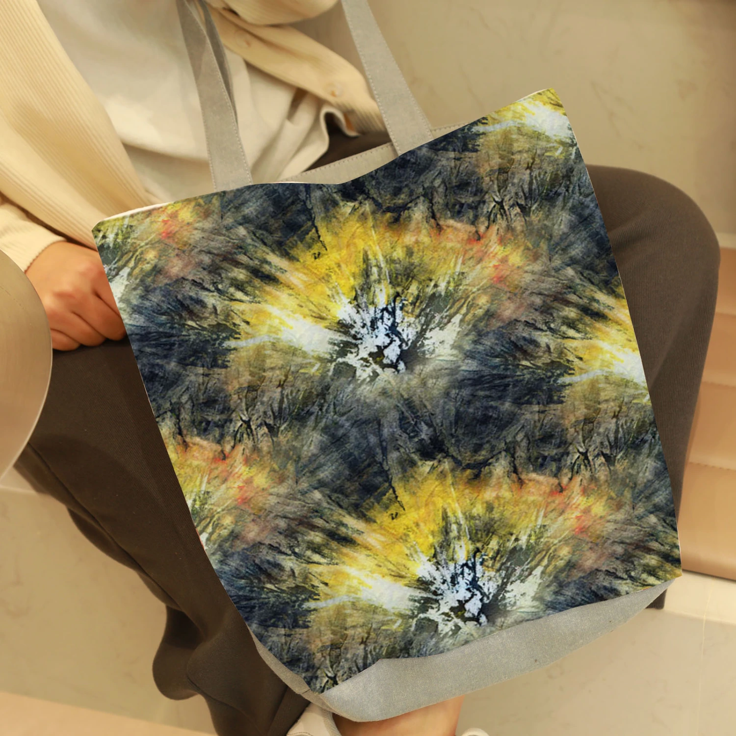 Wide Shoulder Strap Lady Shoulder Pouch Reusable Wear-resistant Tie Dye Print Tote Pouch for Work