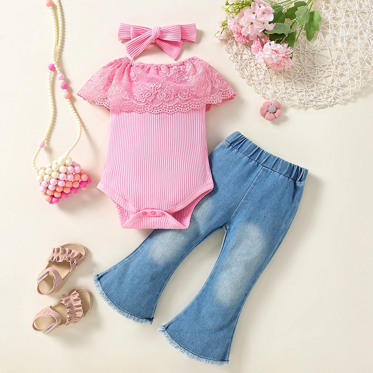 Girls' summer ruffled romper denim flare pants set