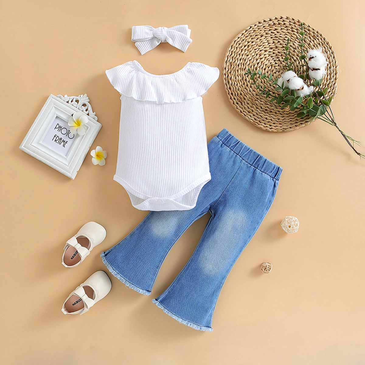 Girls' summer ruffled romper denim flare pants set