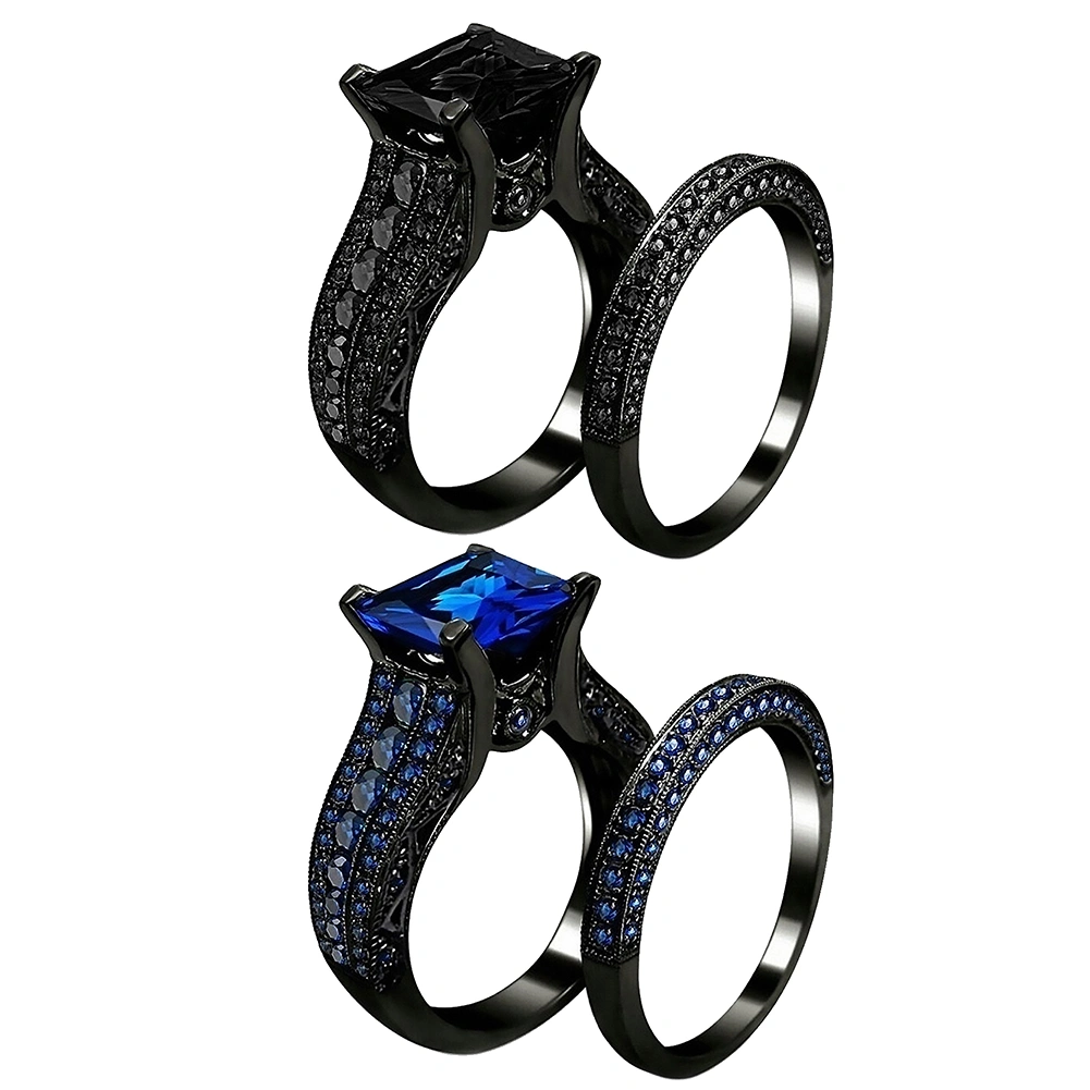 2Pcs/Set Women Square Cubic Zirconia Finger Ring Engagement Wedding Jewelry