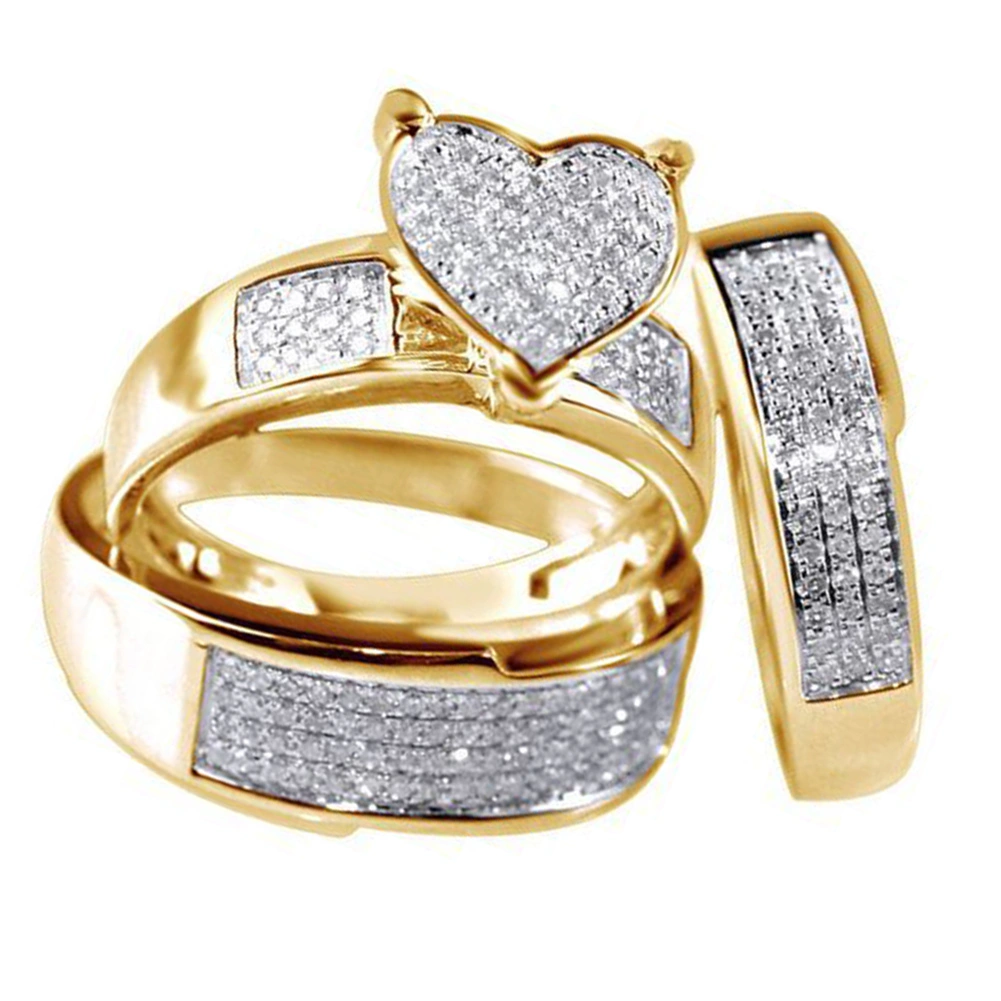 3Pcs/Set Heart Rhinestone Inlaid Stacking Finger Ring Bridal Wedding Jewelry