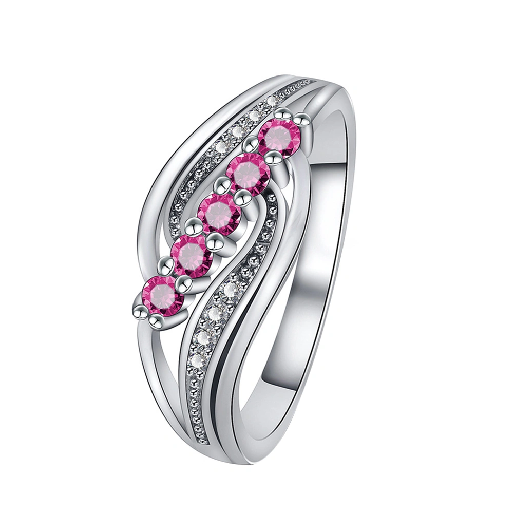 Elegant Women 5 Faux Ruby Inlaid Wave Hollow Band Finger Ring Wedding Jewelry