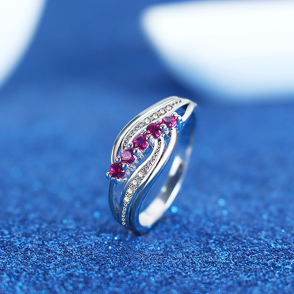 Elegant Women 5 Faux Ruby Inlaid Wave Hollow Band Finger Ring Wedding Jewelry