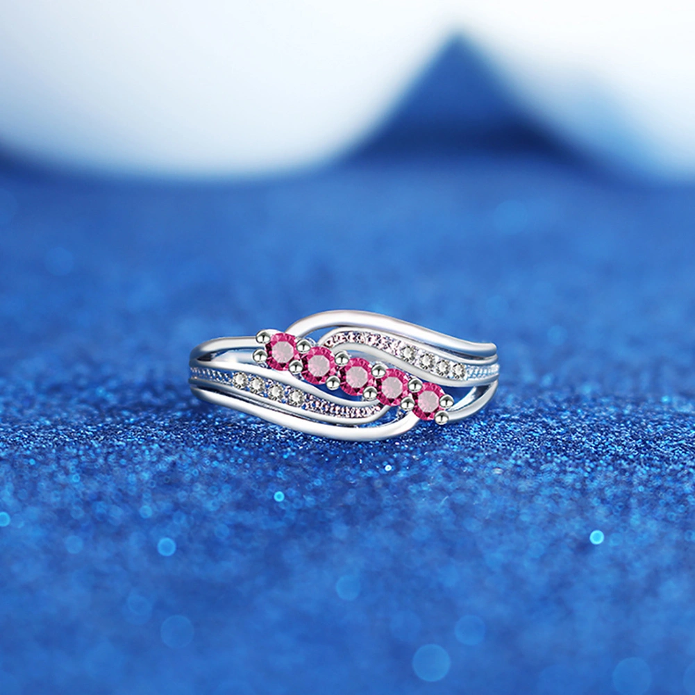 Elegant Women 5 Faux Ruby Inlaid Wave Hollow Band Finger Ring Wedding Jewelry