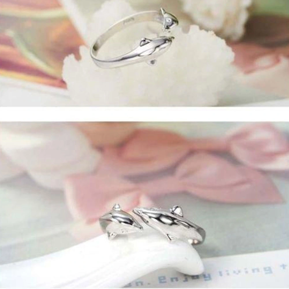 Fashion Women Silver Plated Double Dolphin Opening Adjustable Finger Ring Gift