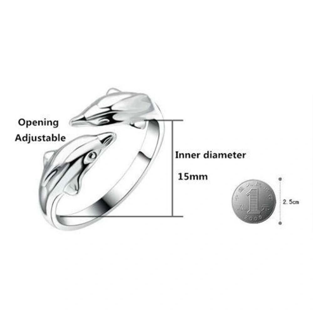 Fashion Women Silver Plated Double Dolphin Opening Adjustable Finger Ring Gift
