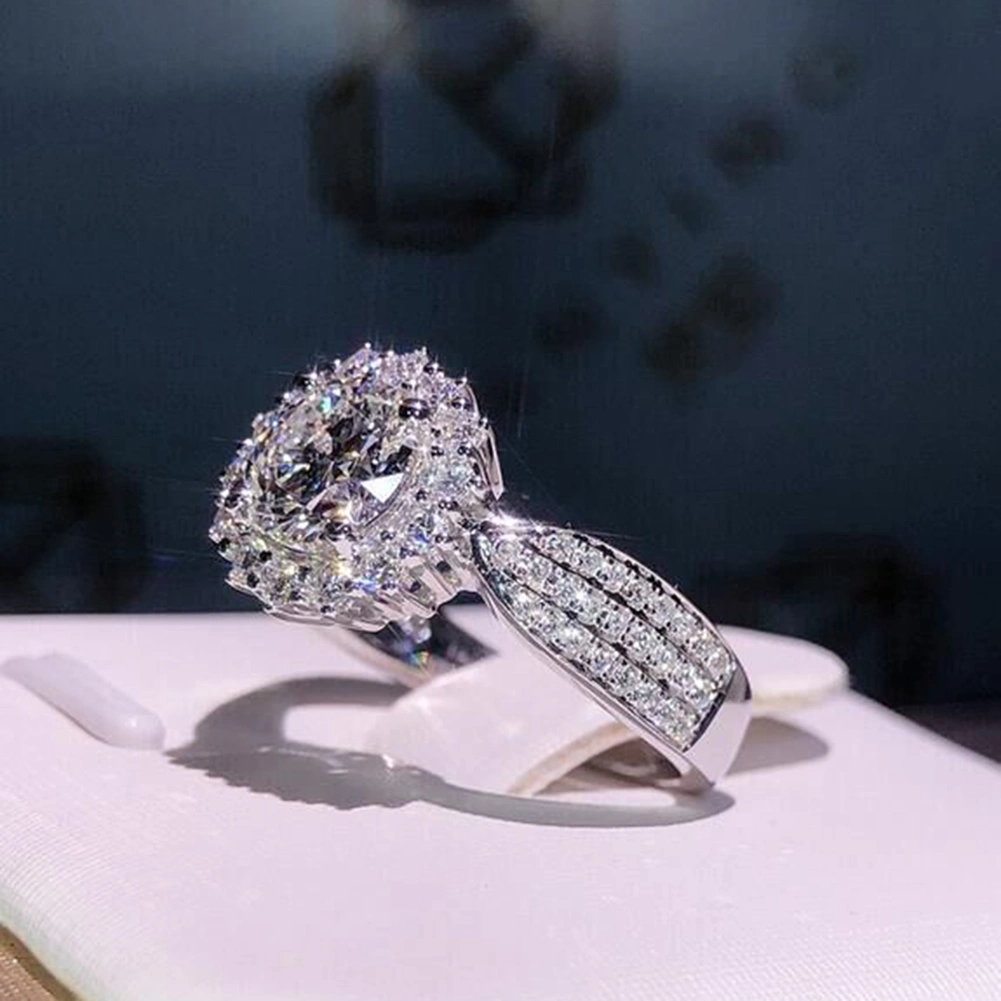 Luxury Women Round Cut Rhinestone Inlaid Finger Ring Proposal Party Jewelry Gift