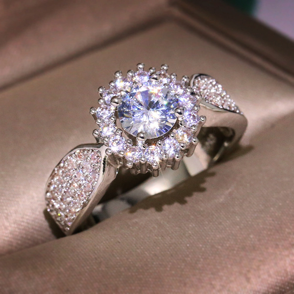 Luxury Women Round Cut Rhinestone Inlaid Finger Ring Proposal Party Jewelry Gift