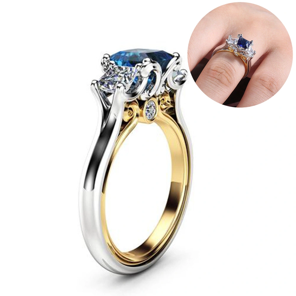Women Square Faux Sapphire Inlaid Finger Ring Wedding Proposal Jewelry Gift
