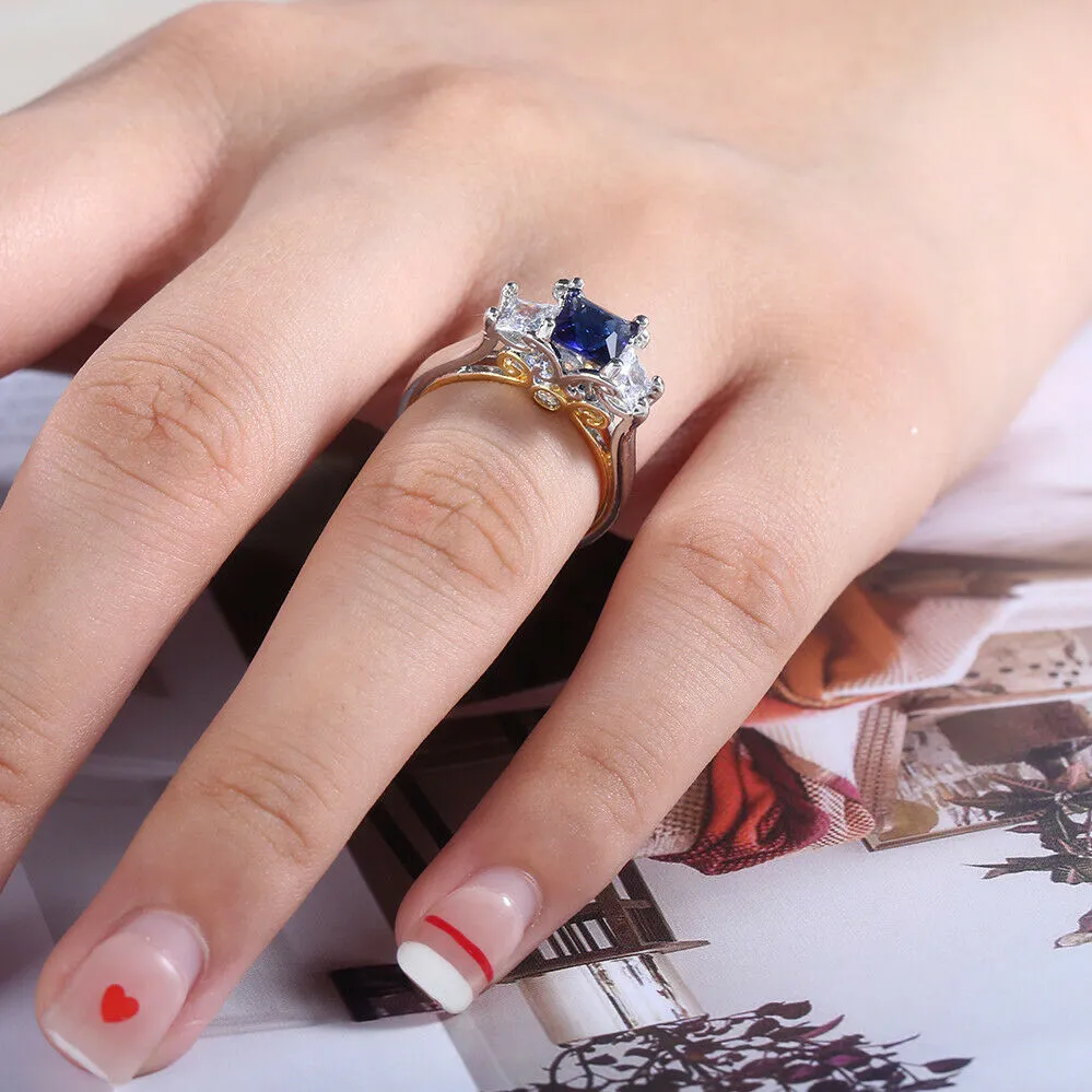 Women Square Faux Sapphire Inlaid Finger Ring Wedding Proposal Jewelry Gift