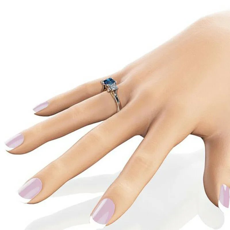 Women Square Faux Sapphire Inlaid Finger Ring Wedding Proposal Jewelry Gift