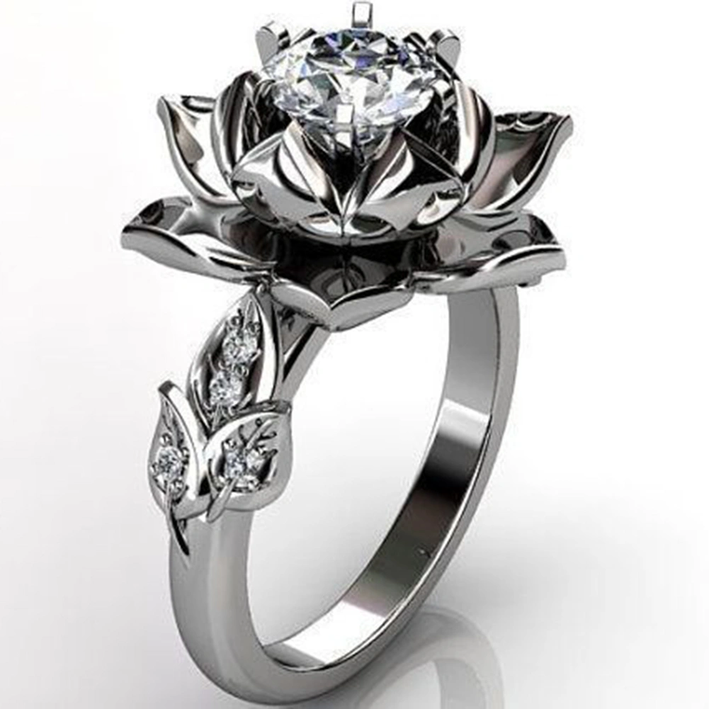 Vintage Women Rhinestone Inlaid Water Lily Flower Finger Ring Party Jewelry Gift