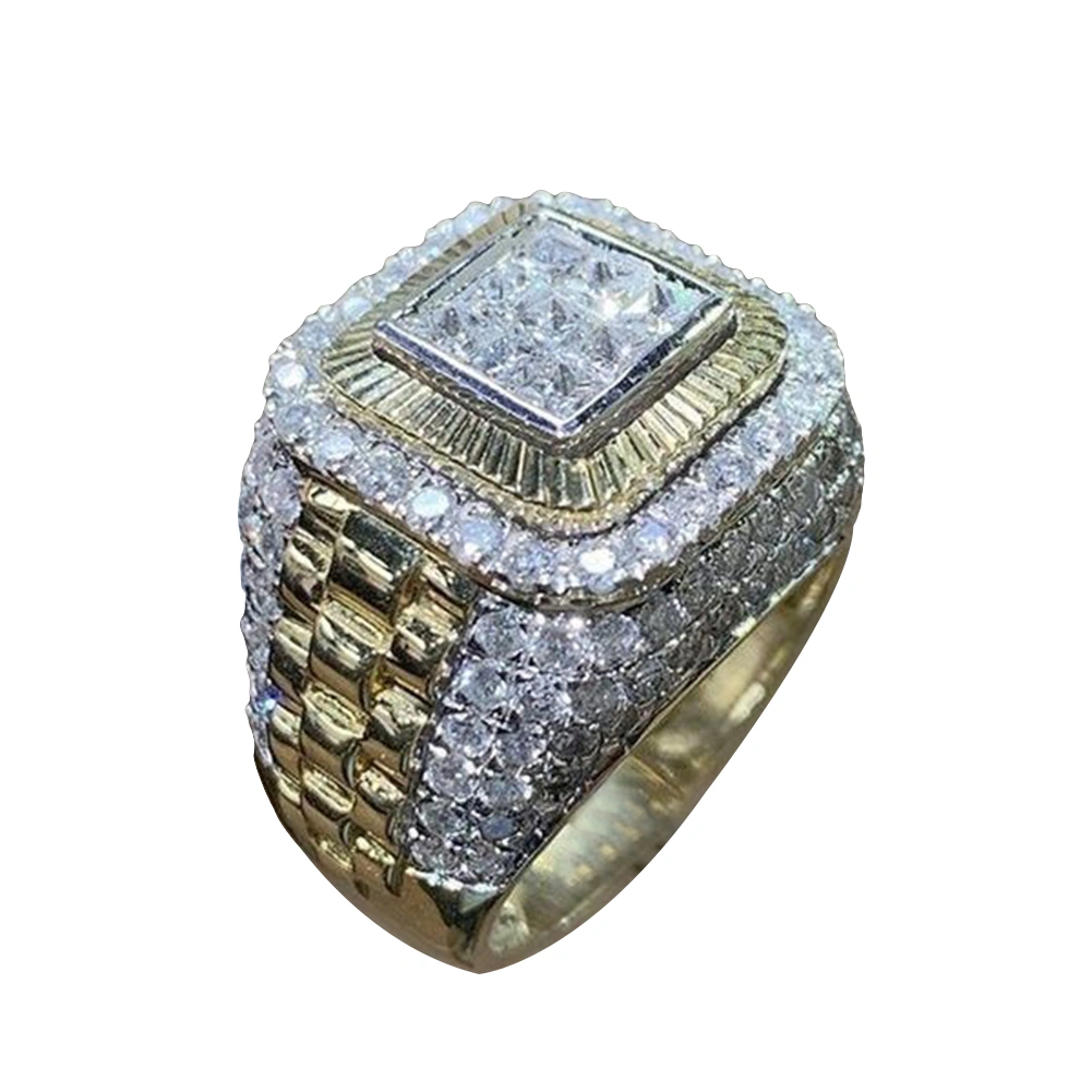 Luxury Men Rhinestone Inlaid Finger Ring Hip Hop Wedding Engagement Jewelry Gift
