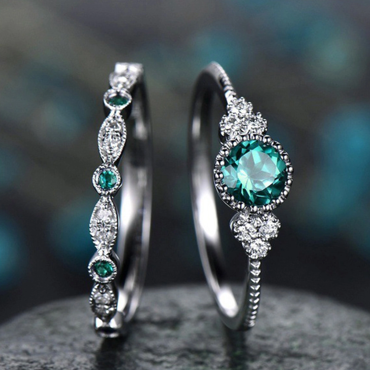 2Pcs Engagement Rings Geometric Green Cubic Zirconia Ladies Sparkling Exquisite Finger Rings Jewelry Accessories