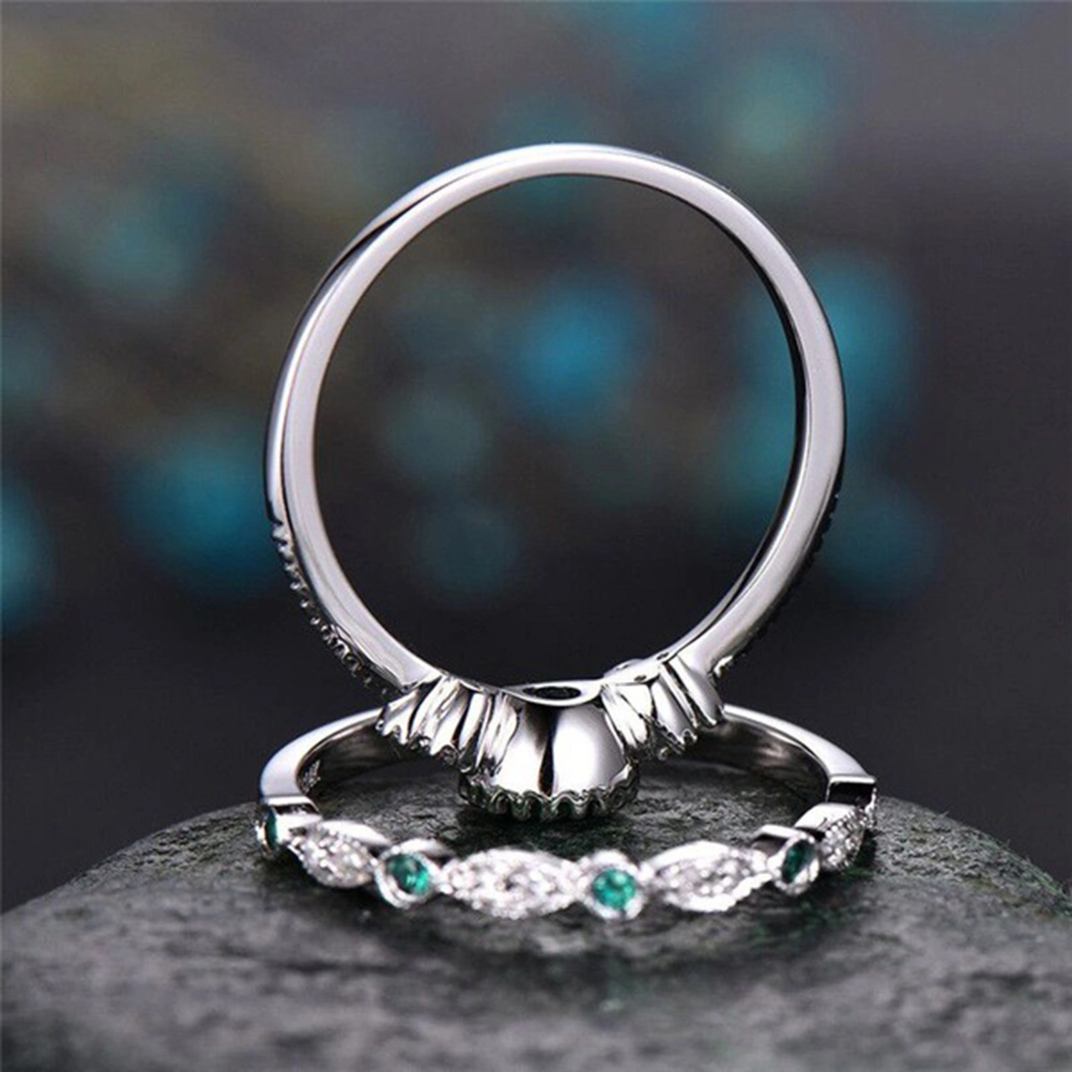 2Pcs Engagement Rings Geometric Green Cubic Zirconia Ladies Sparkling Exquisite Finger Rings Jewelry Accessories