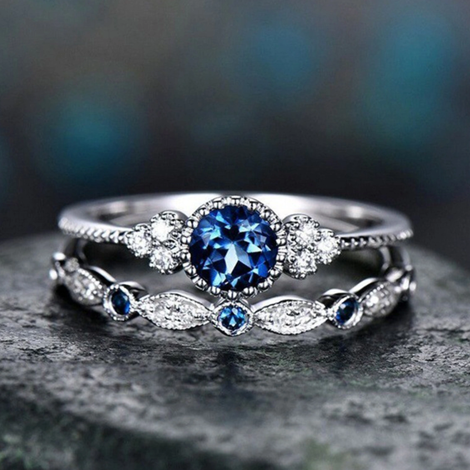 2Pcs Engagement Rings Geometric Green Cubic Zirconia Ladies Sparkling Exquisite Finger Rings Jewelry Accessories