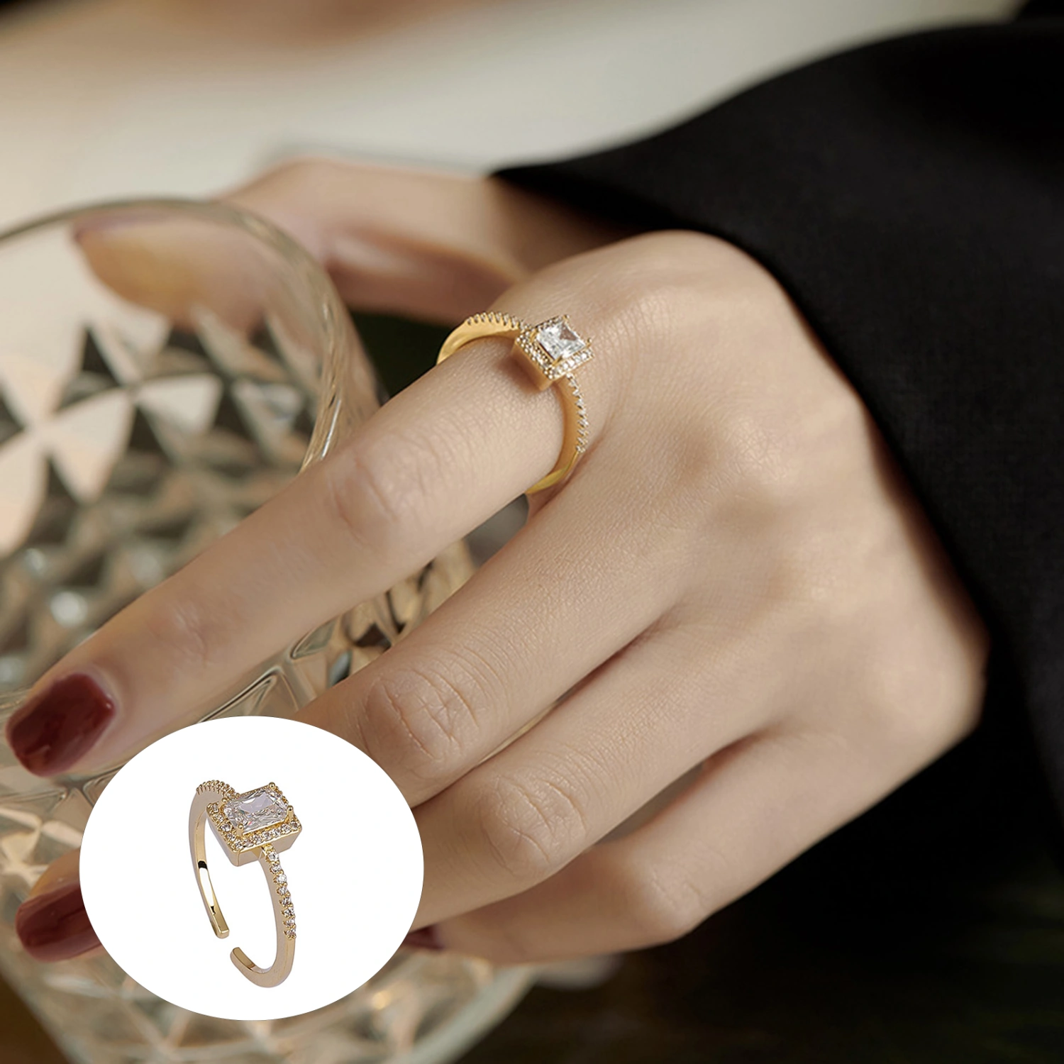 Ring Square Exquisite Rhinestone Woman Exquisite Opening Rings for Wedding Party