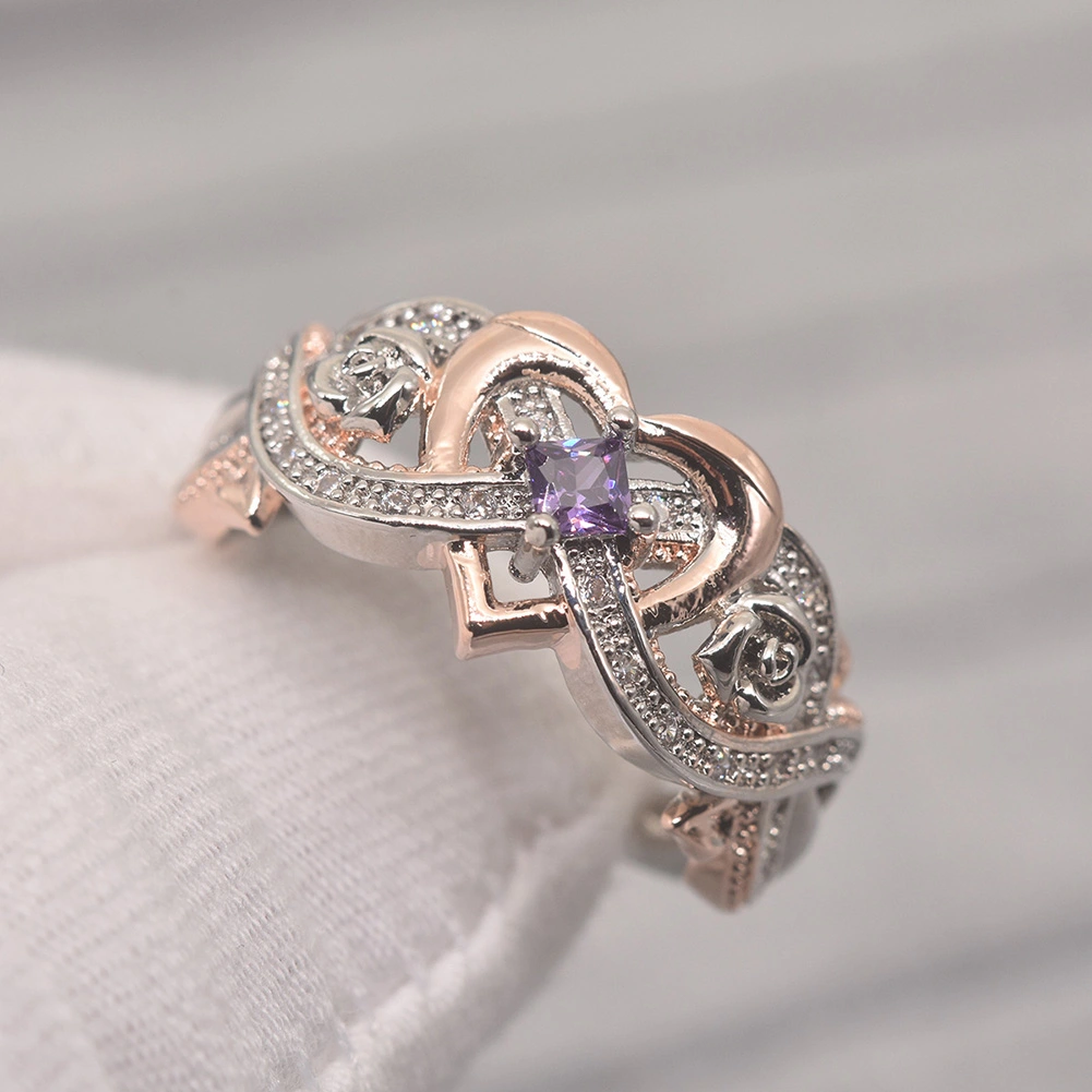 Fashion Women Faux Amethyst Heart Wedding Engagement Floral Ring Jewelry Gift