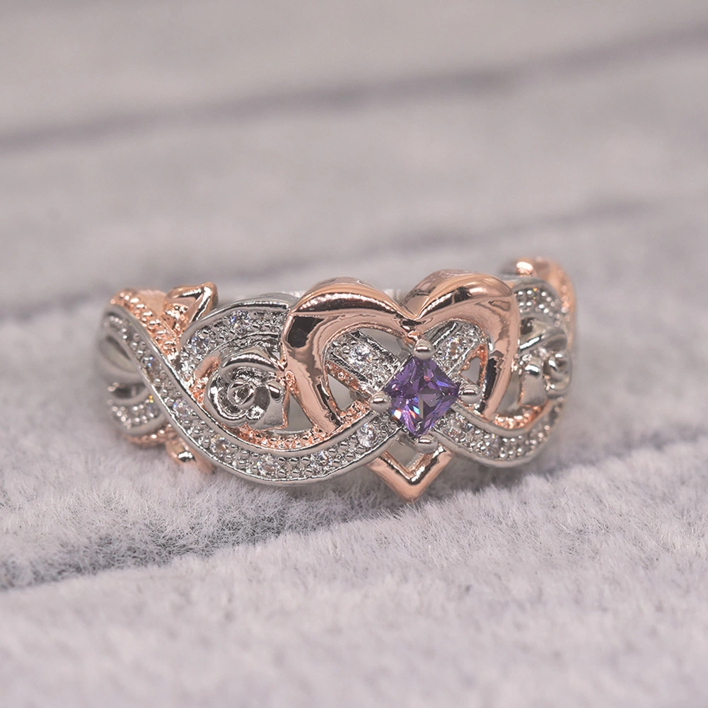 Fashion Women Faux Amethyst Heart Wedding Engagement Floral Ring Jewelry Gift
