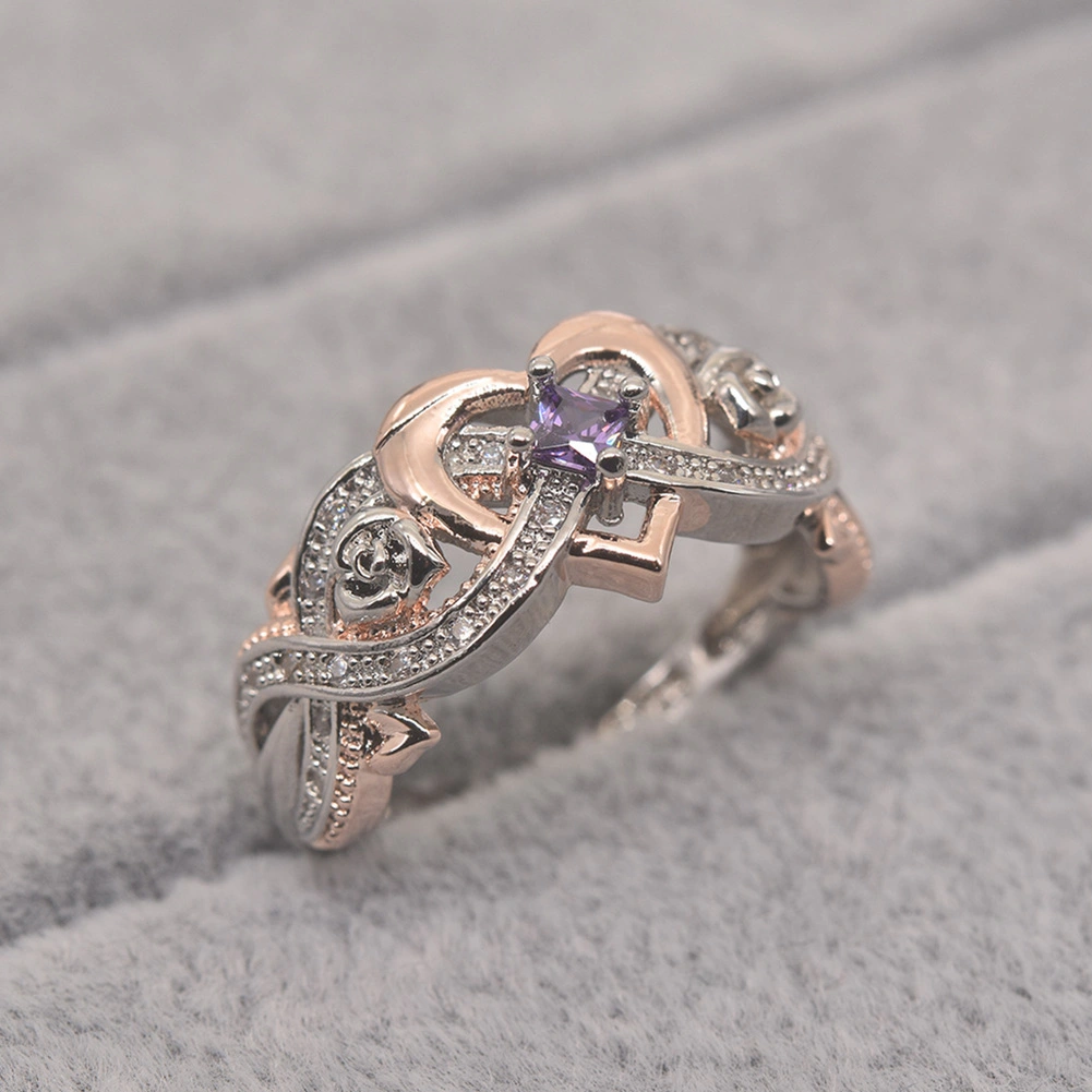 Fashion Women Faux Amethyst Heart Wedding Engagement Floral Ring Jewelry Gift
