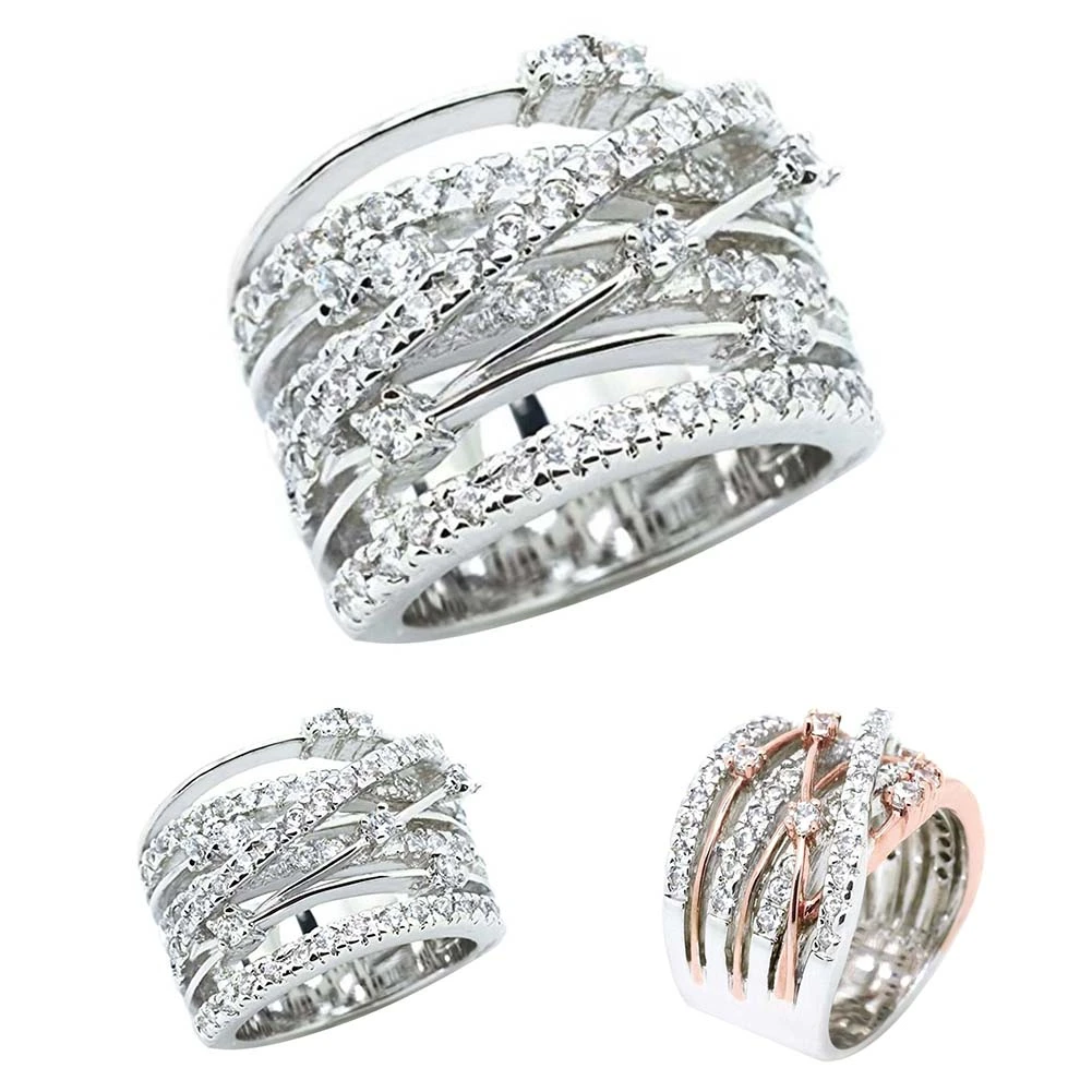 Women Rhinestone Inlaid Crossover Wide Band Finger Ring Wedding Jewelry Gift