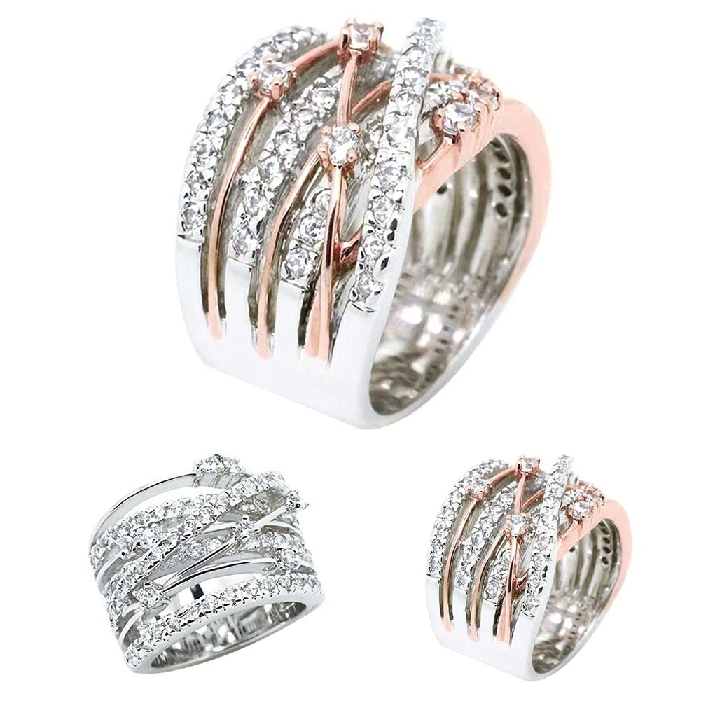 Women Rhinestone Inlaid Crossover Wide Band Finger Ring Wedding Jewelry Gift