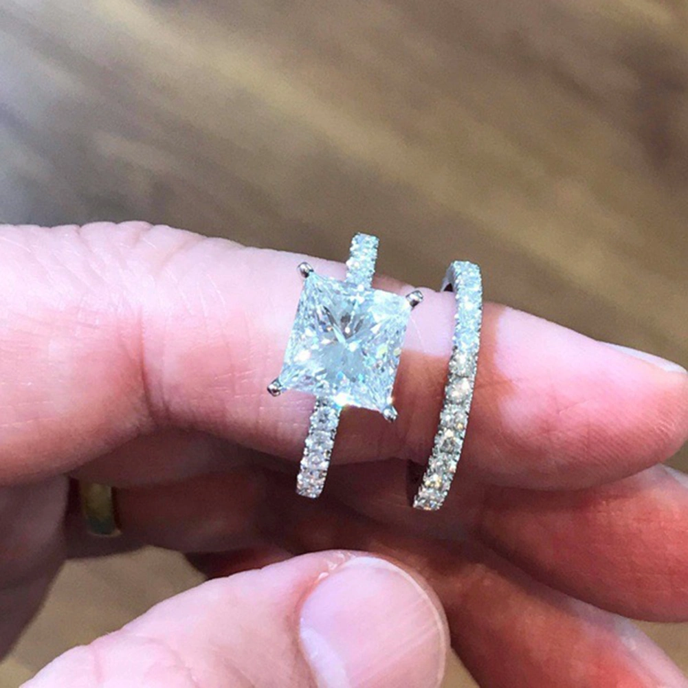 2Pcs/Set Square Rhinestone Stacking Ring Wedding Engagement Women Finger Jewelry