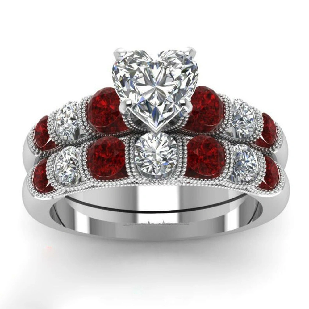 2Pcs/Set Retro Women Faux Ruby Heart Rhinestone Inlaid Finger Ring Jewelry Gift