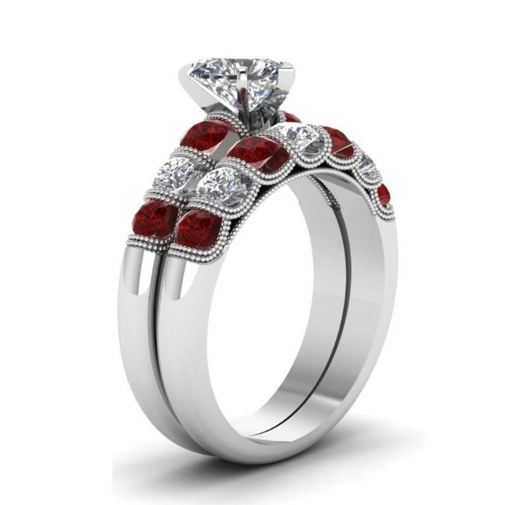 2Pcs/Set Retro Women Faux Ruby Heart Rhinestone Inlaid Finger Ring Jewelry Gift