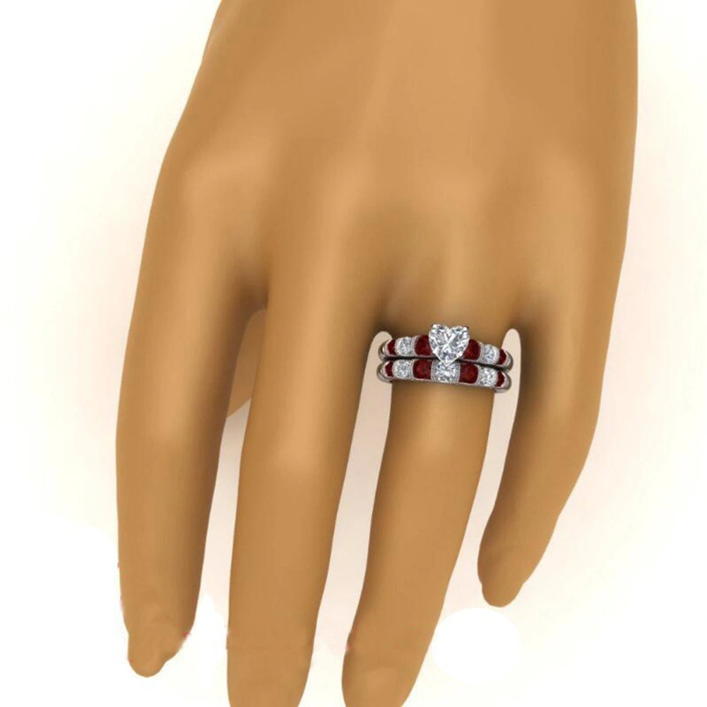 2Pcs/Set Retro Women Faux Ruby Heart Rhinestone Inlaid Finger Ring Jewelry Gift