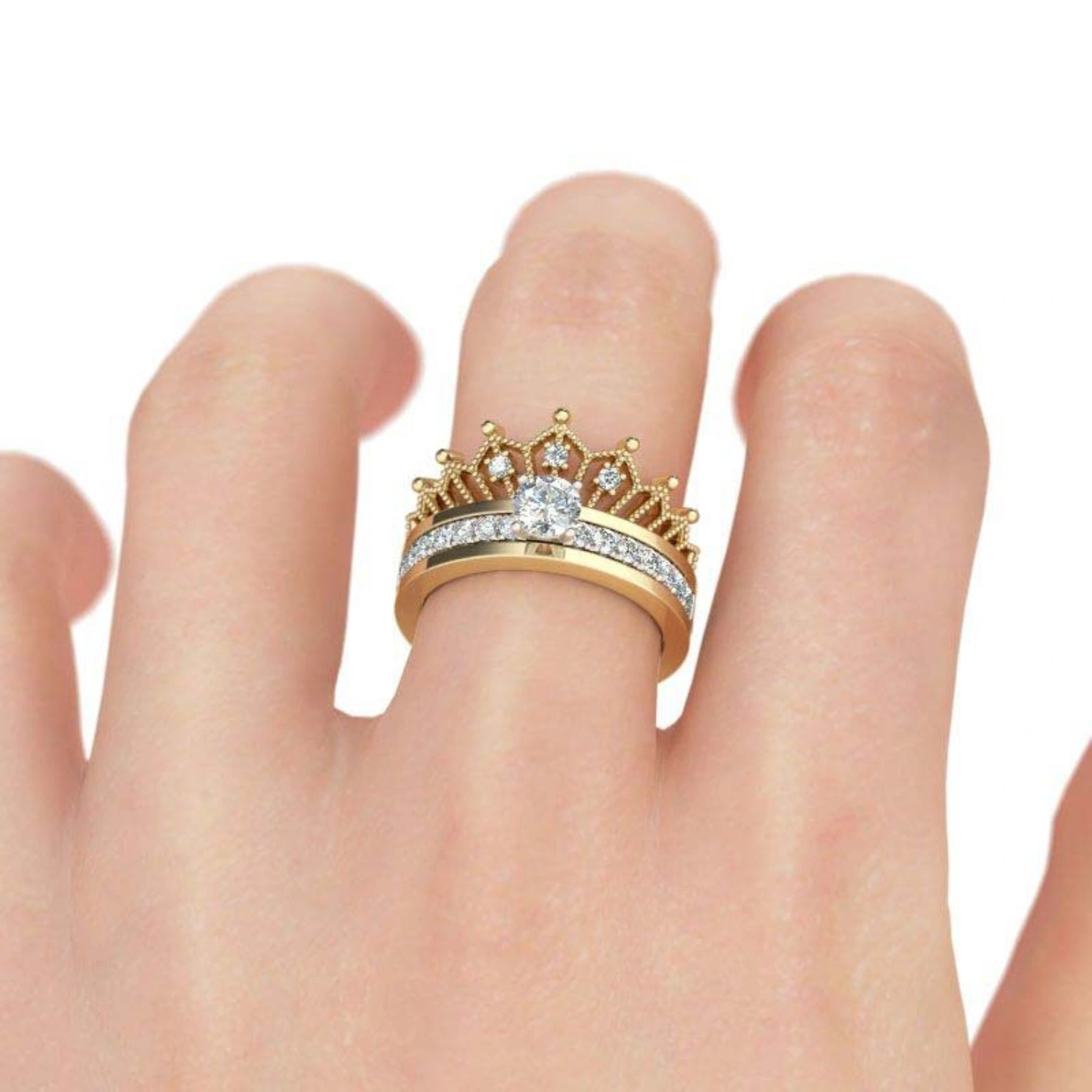 Detachable Women Fashion Crown Rhinestone Finger Ring Wedding Bride Jewelry Gift