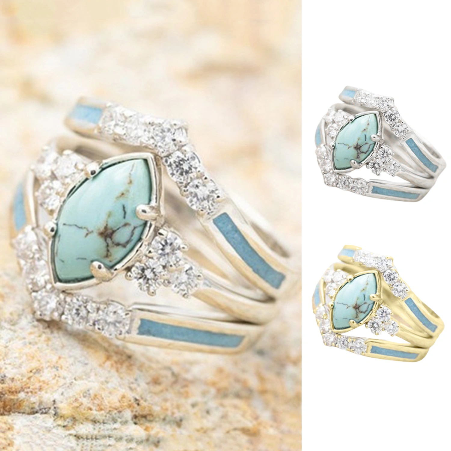 3Pcs/Set Women Rings Set Faux Turquoise Stone Exquisite Eye-catching Women Circlet Set for Gift
