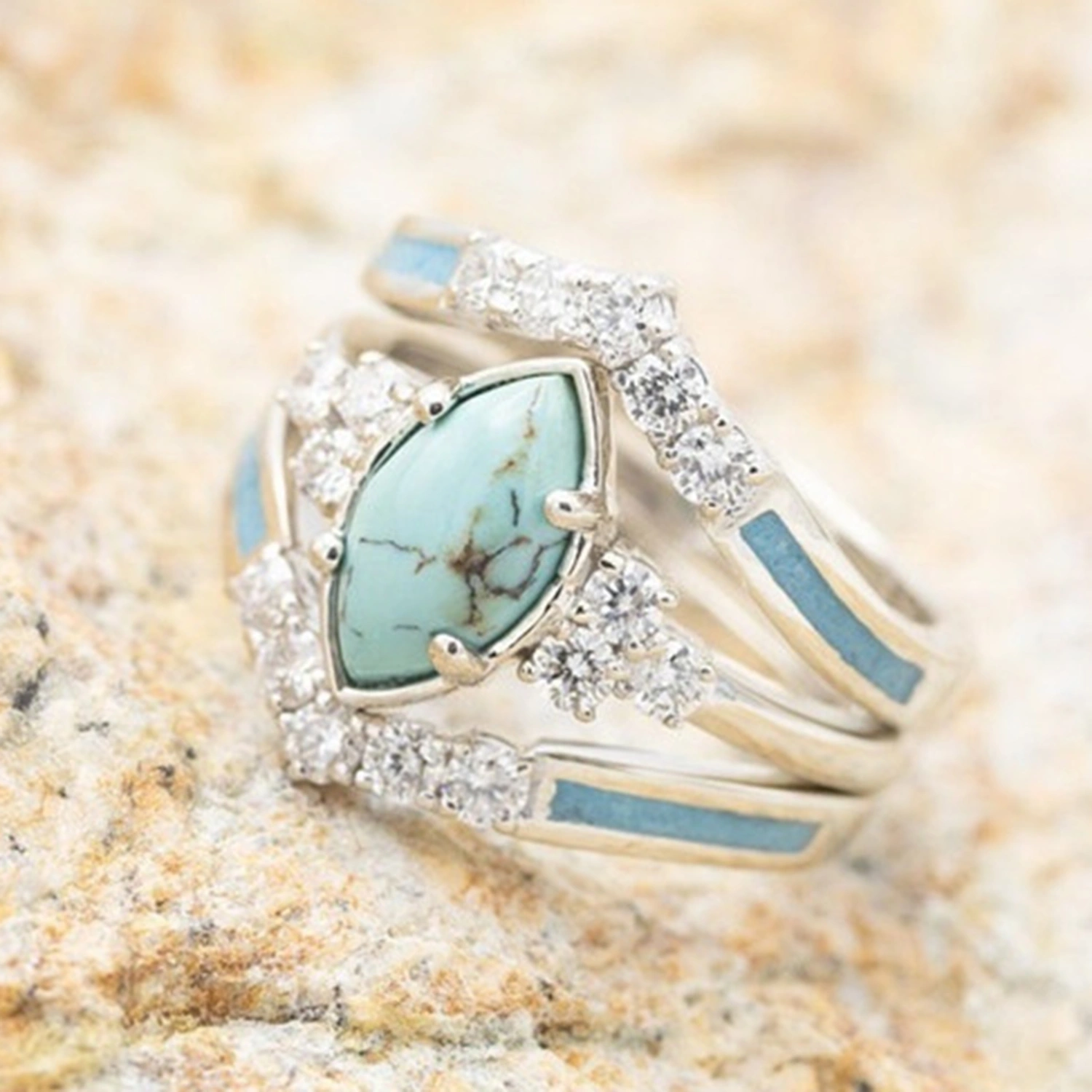 3Pcs/Set Women Rings Set Faux Turquoise Stone Exquisite Eye-catching Women Circlet Set for Gift