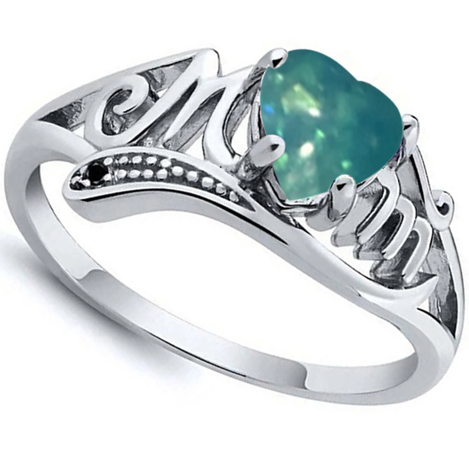 Letters Engraved Heart Shape Faux Opal Inlaid Band Ring Jewelry Gift for Mother