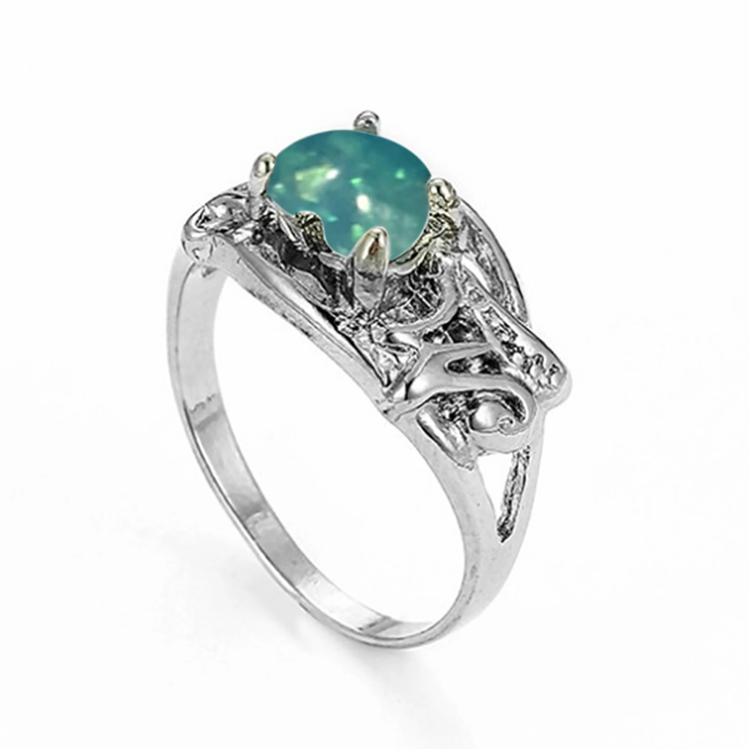 Letters Engraved Heart Shape Faux Opal Inlaid Band Ring Jewelry Gift for Mother