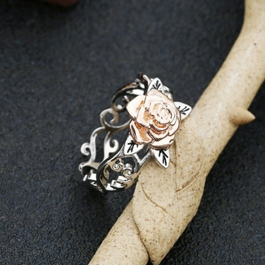 Vintage Women Two Tone Flower Band Finger Ring Wedding Engagement Jewelry Gift