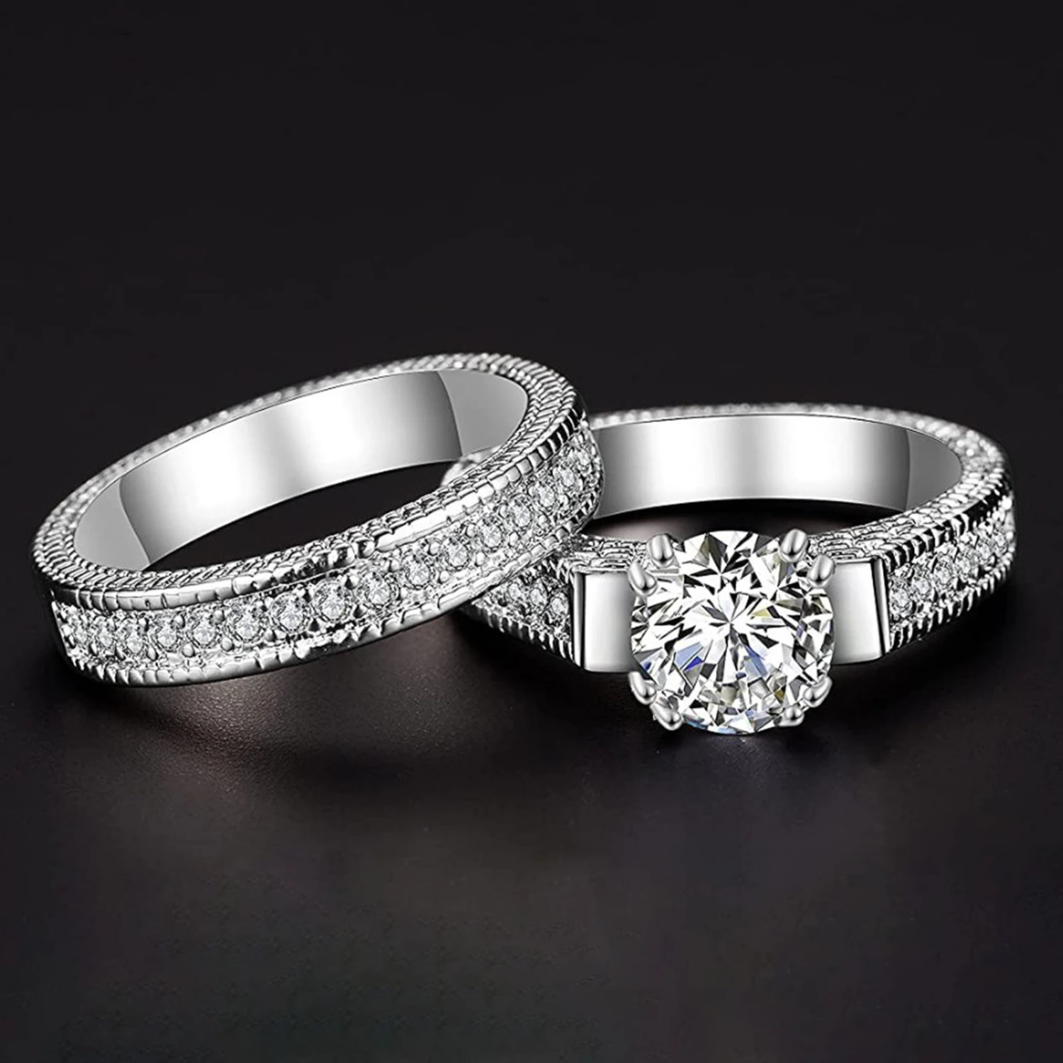 2Pcs Couple Rings Geometry Shape Cubic Zirconia Men Women Shiny All Match Rings for Wedding