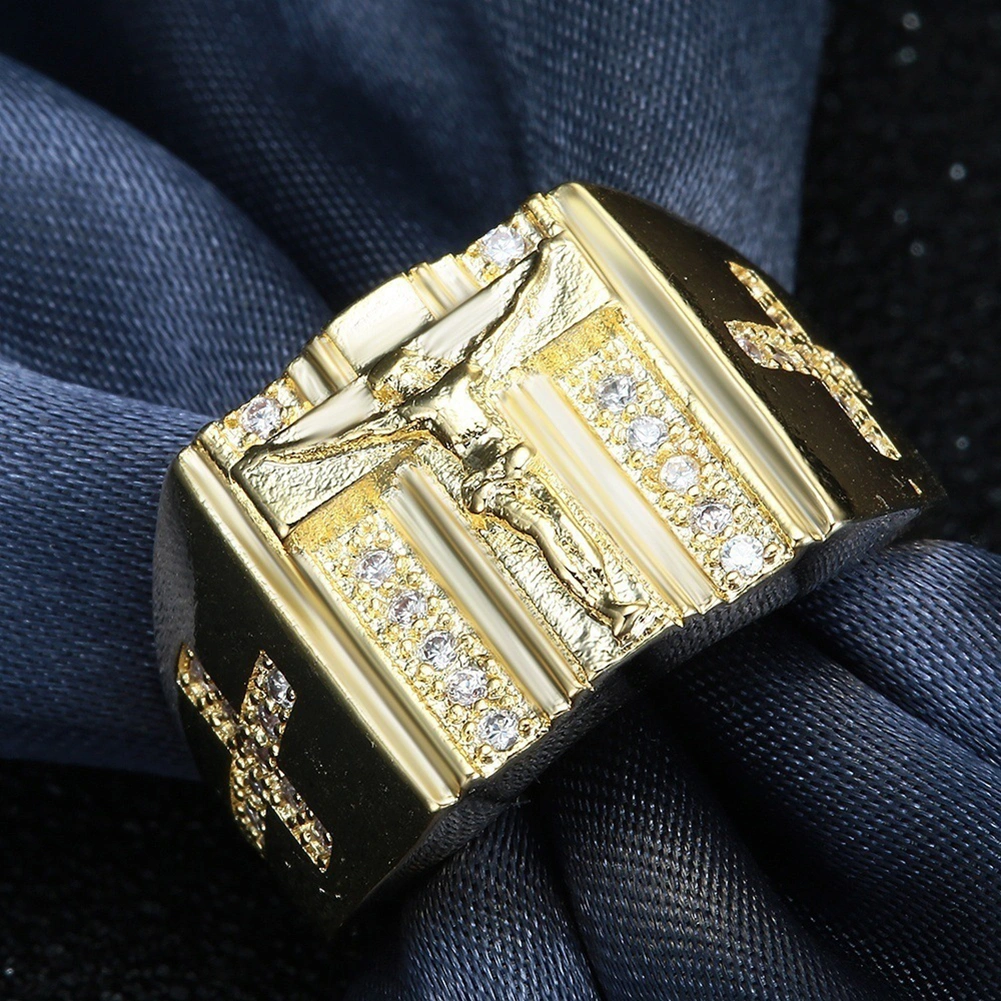 Fashion Men Women Rhinestone Inlaid Jesus Cross Finger Ring Party Jewelry Gift