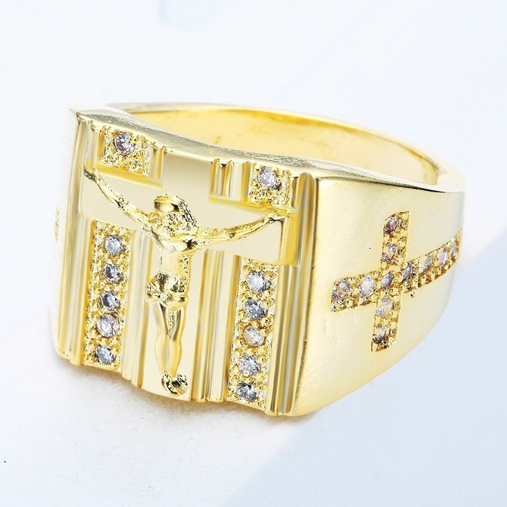 Fashion Men Women Rhinestone Inlaid Jesus Cross Finger Ring Party Jewelry Gift