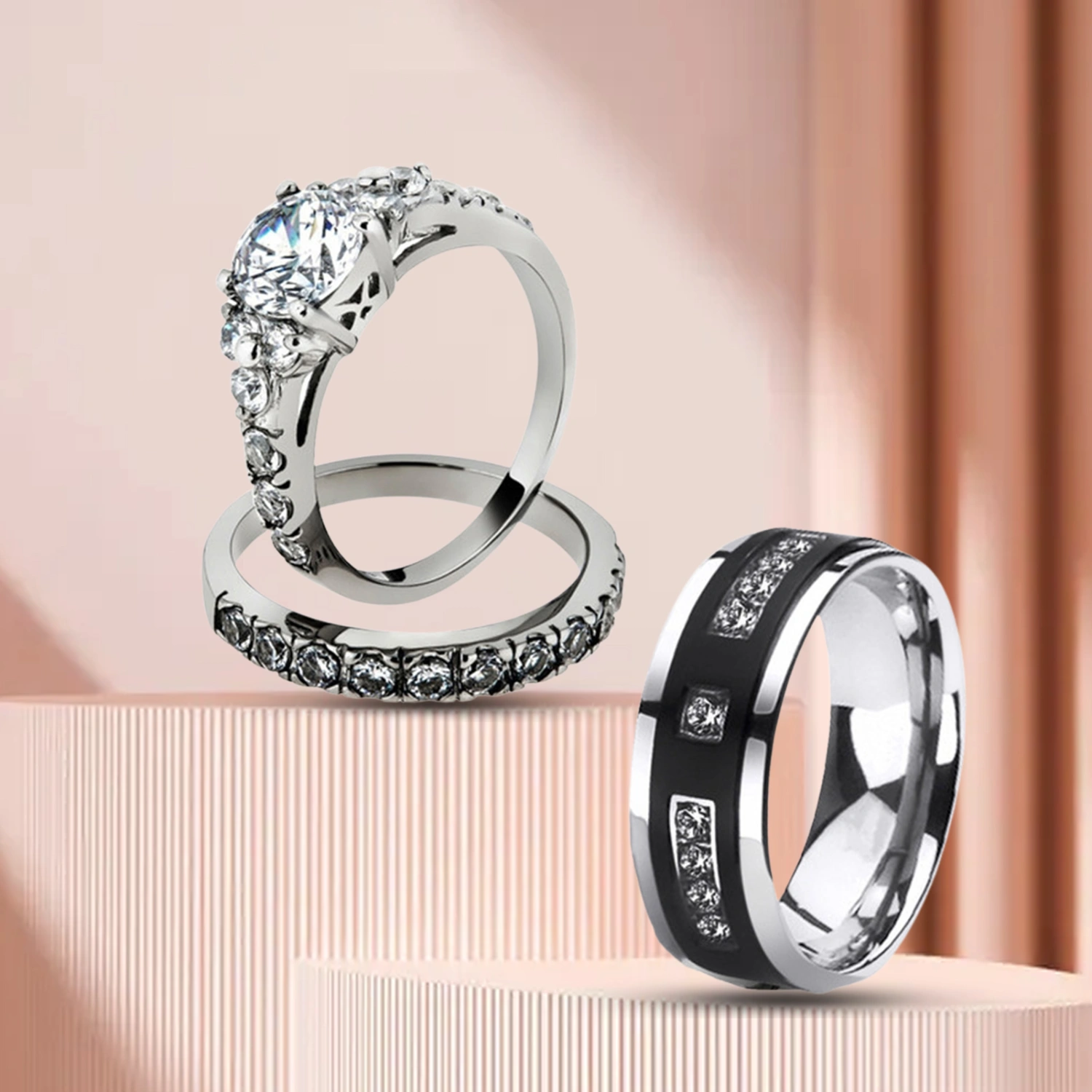 1Pc/2Pcs Exquisite Smooth Surface Wedding Bands Alloy Simple Cubic Zirconia Hers His Rings Charm Jewelry