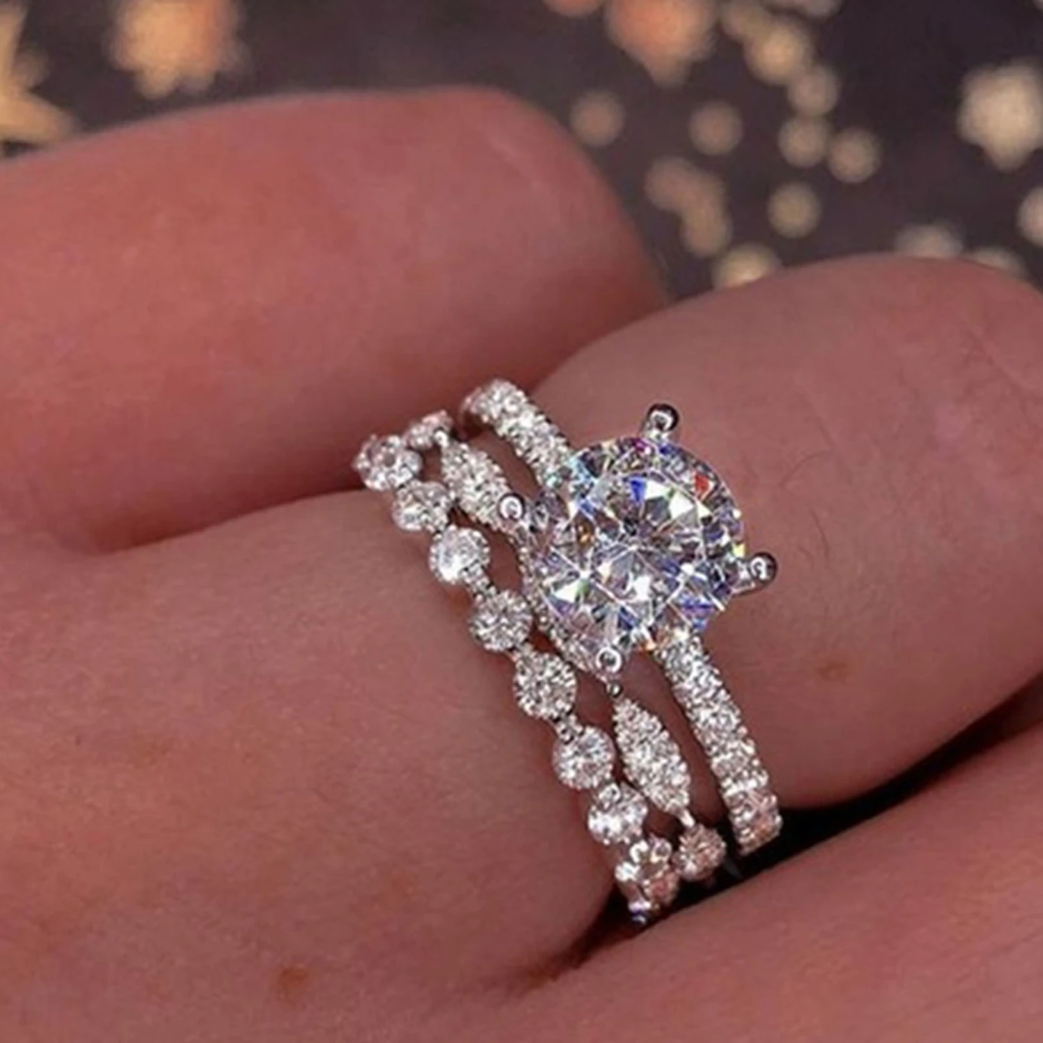 Women Ring Three Layers Rhinestones Jewelry Fashion Appearance Exquisite Finger Ring for Wedding