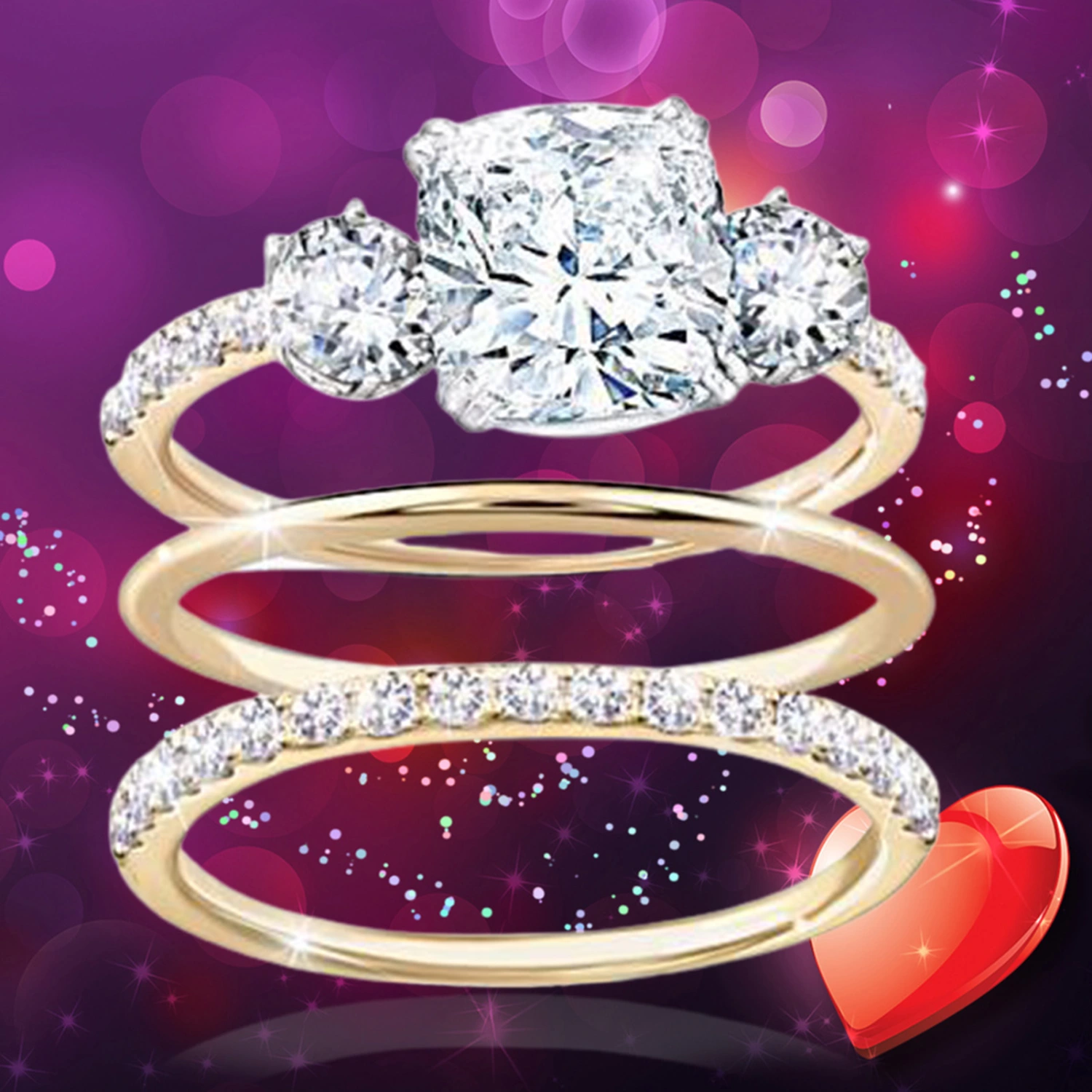 3Pcs/Set Ring Rhinestone Inlay Wear Resistant Alloy Women Finger Band for Wedding