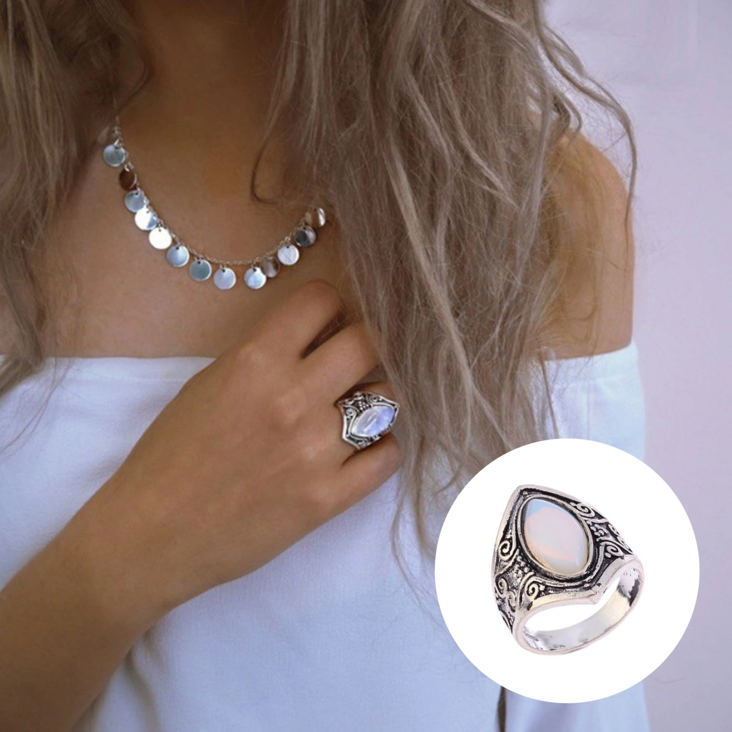 Unique Pattern Punk Retro Ring Good-looking Vintage Big Oval Faux Moonstone Ring Jewelry Accessories 