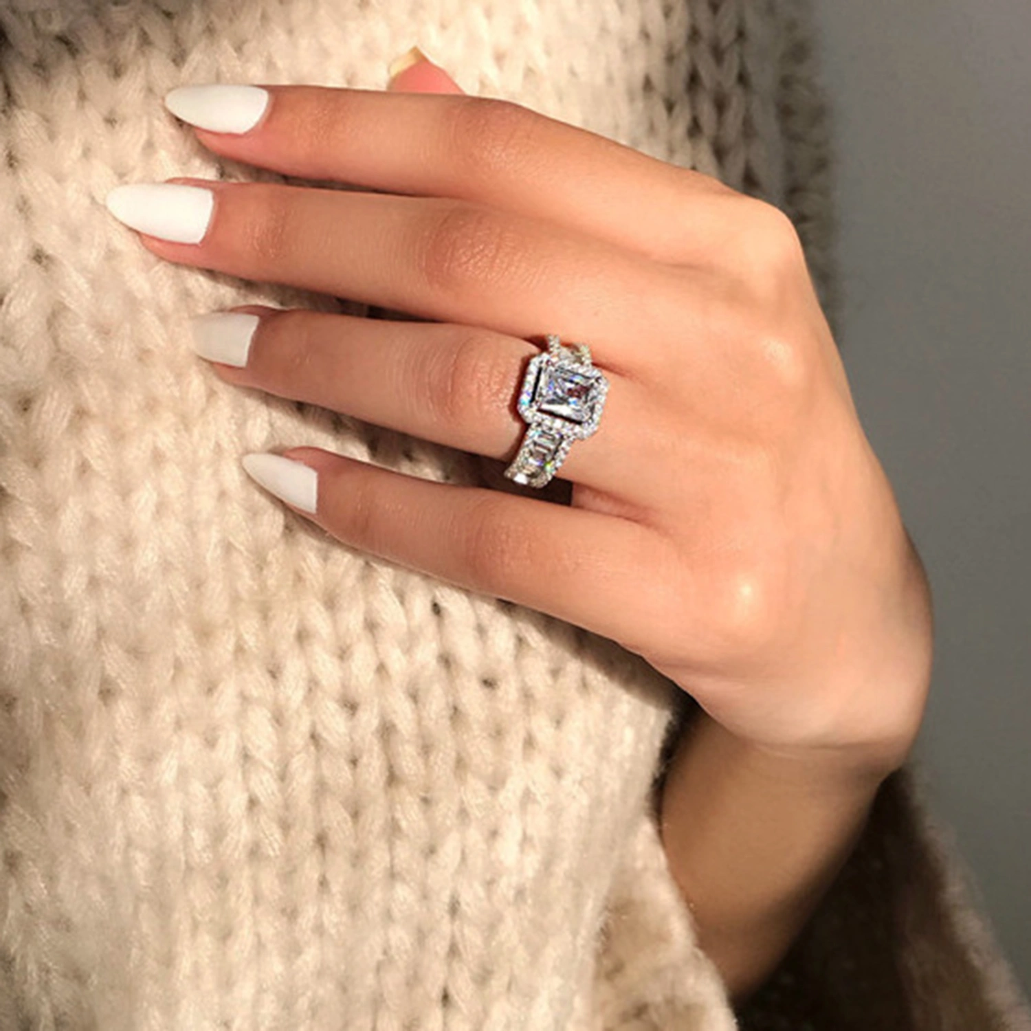 Wedding Band Shining Square Rhinestone Hypoallergenic Geometric Western Style Decorate Accessory Inlay Zircon Wide Band Ring Women Jewelry