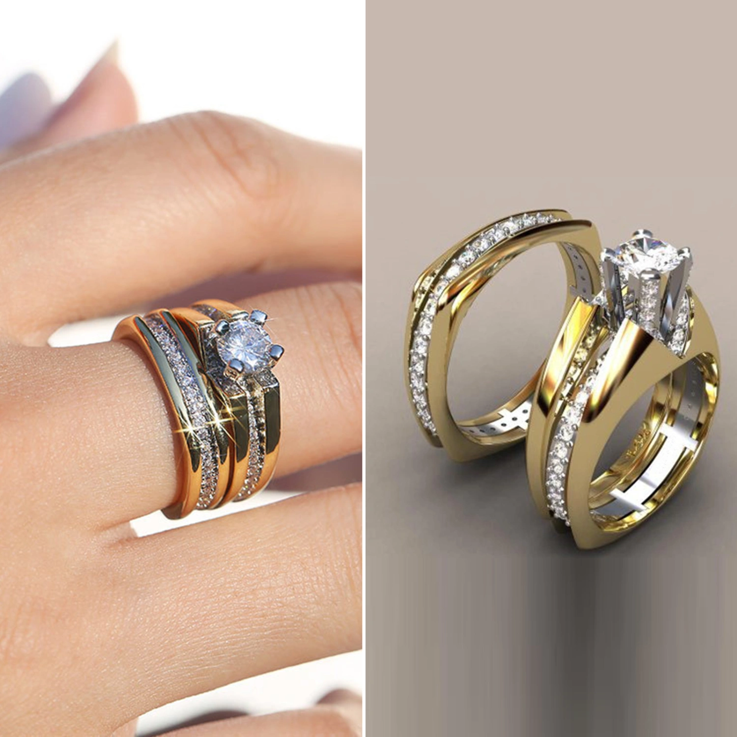 2Pcs Women Rings Two-color Gold-plated Shiny Geometric Sparkling Decoration Gifts Cubic Zirconia Inlaid Wedding Engagement Rings Jewelry for Girlfriend